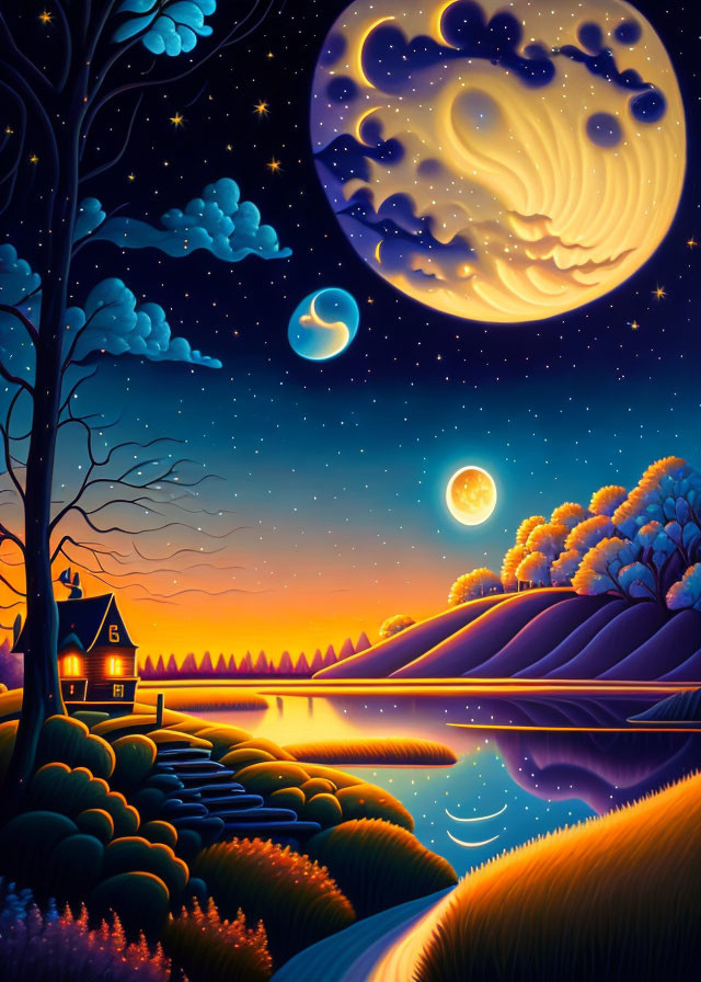 Colorful Nighttime Landscape with Moon, Clouds, Lake, House, and Trees