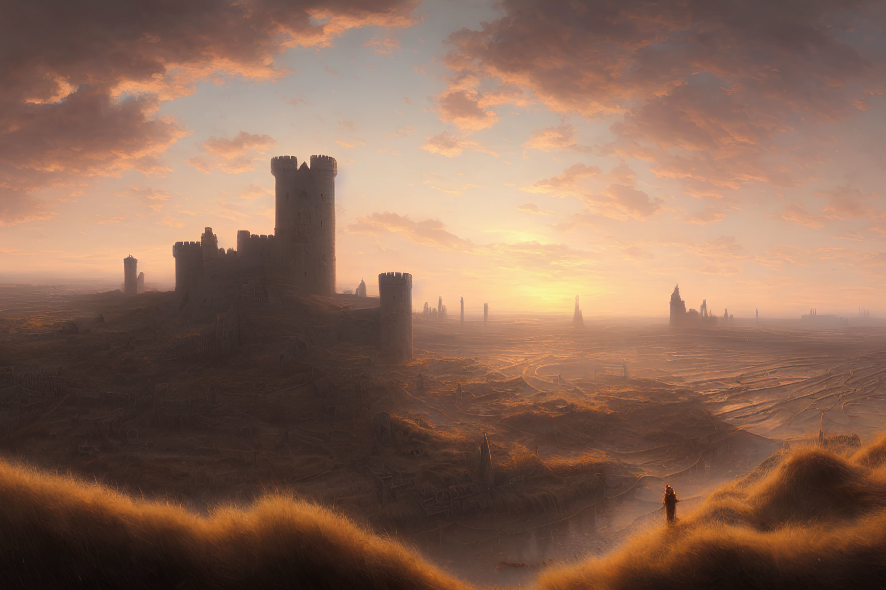 Figure standing before vast landscape with castle ruins at sunrise