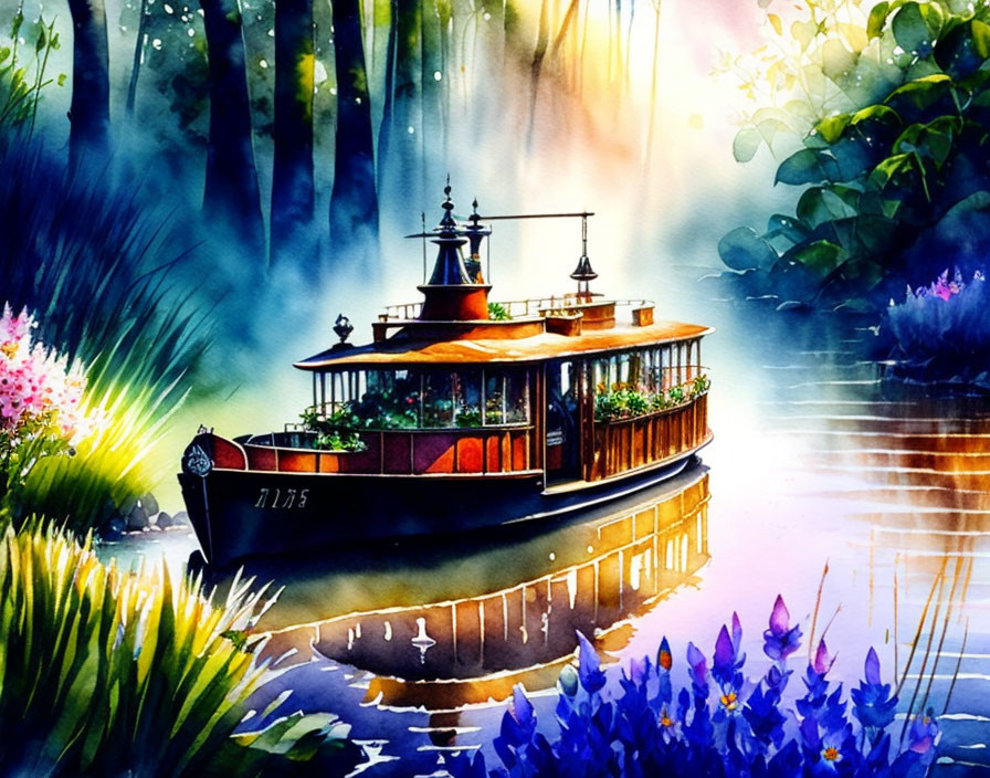 Serene riverboat scene with lush foliage & mystical light