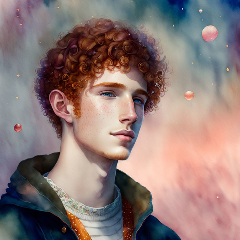 Young man with red curly hair and freckles in colorful nebula setting.