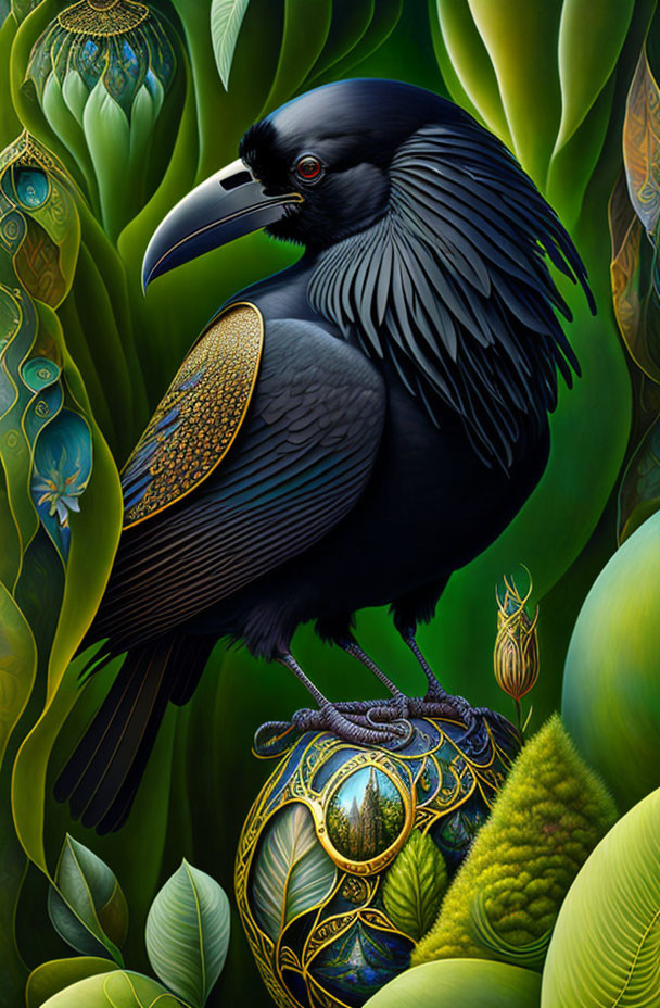 Detailed illustration: Black raven on jeweled egg in lush botanical setting