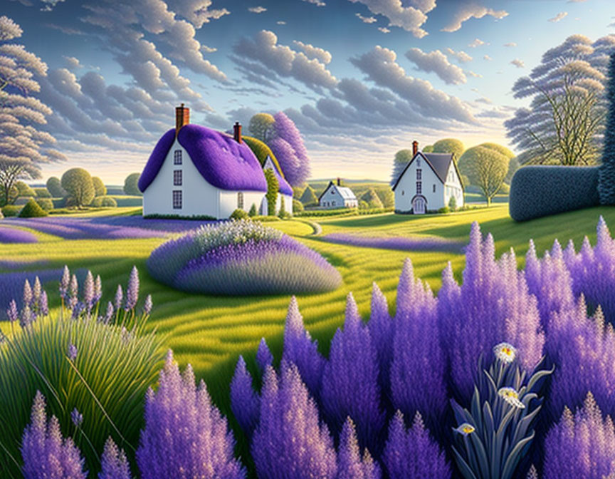 Tranquil sunset scene: cottages in lavender fields