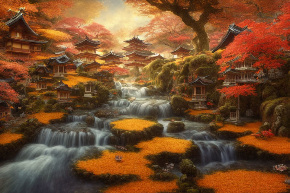 Traditional Japanese architecture surrounded by autumn foliage and waterfalls.