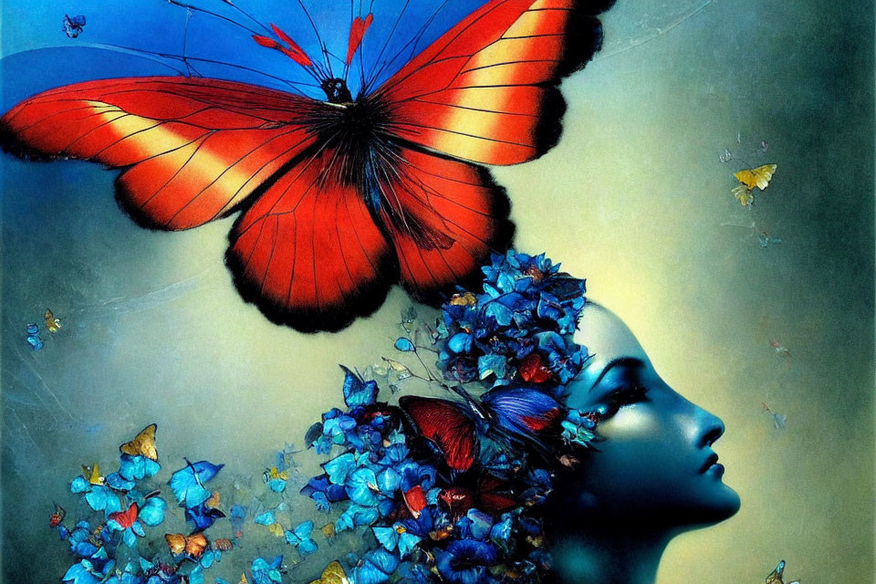 Surreal artwork: Woman profile with blue skin, flowers, butterflies, celestial backdrop