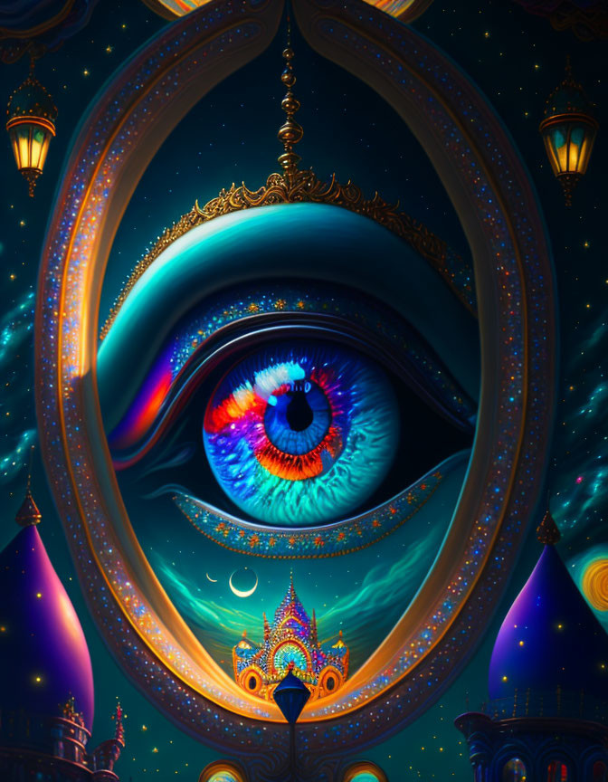 Detailed illustration of vivid blue eye in ornate golden frames with starry night sky and Arabian architecture silhouette