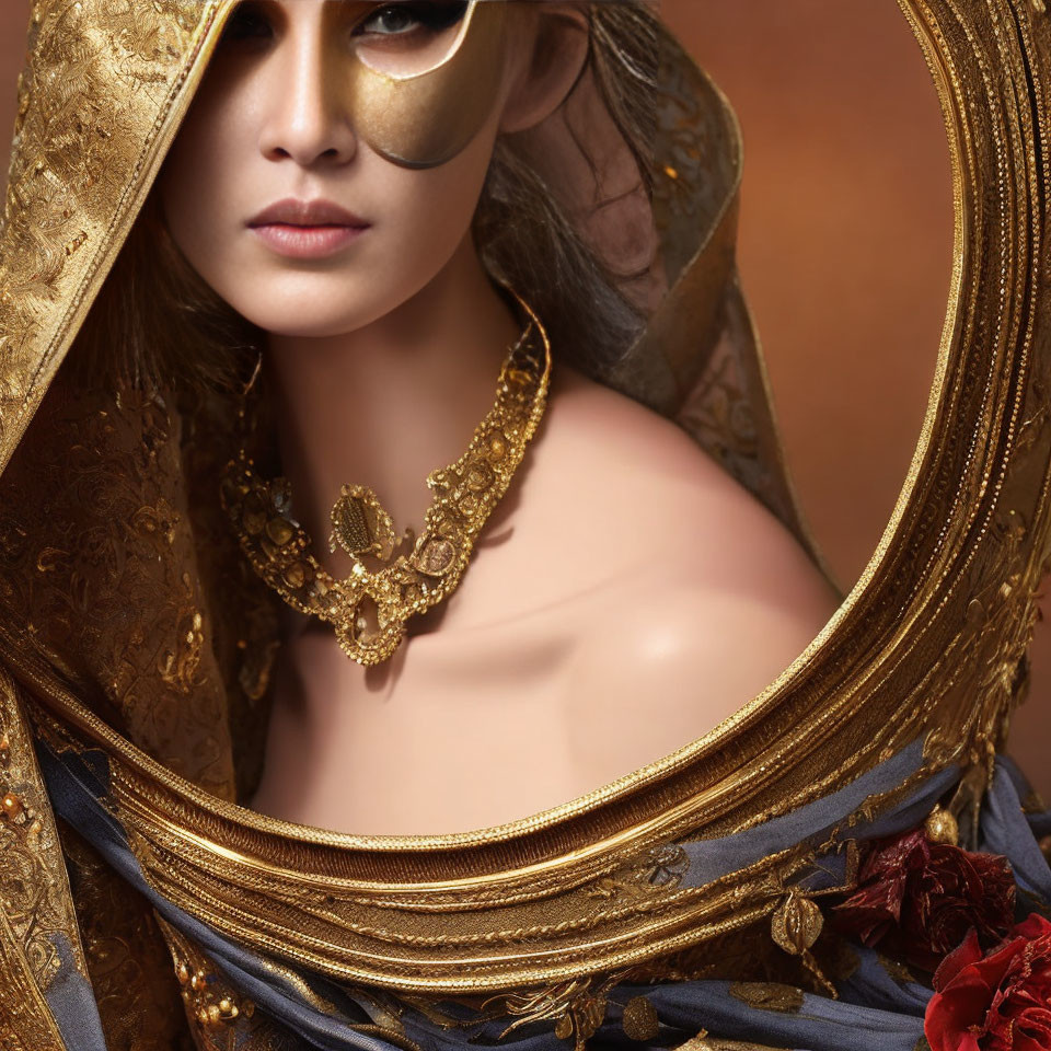 Woman in Golden Mask and Ornate Cloak on Amber Background