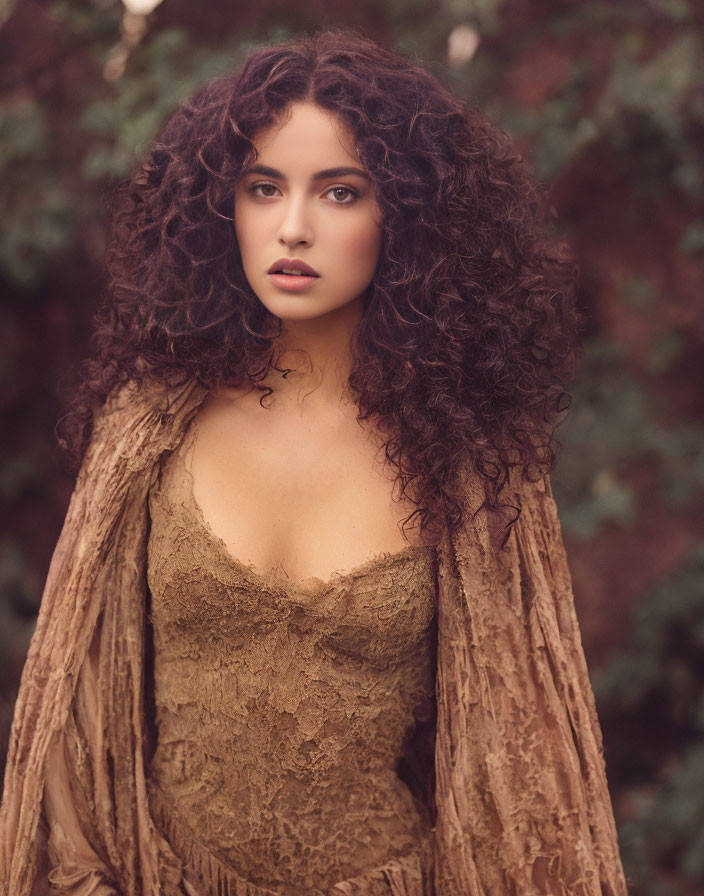 Curly-haired woman in lace dress and shawl against lush green backdrop