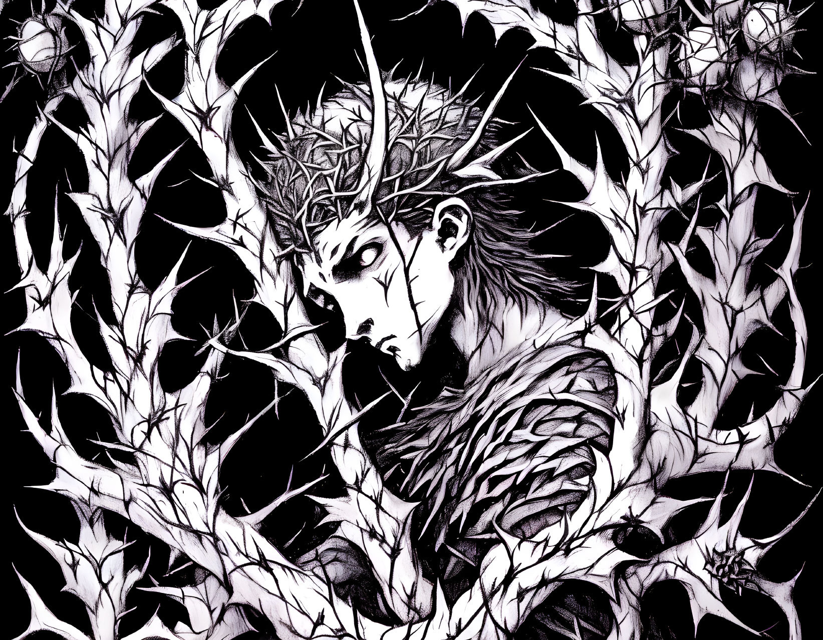 Monochrome illustration of person with crown of thorns surrounded by intricate branches.