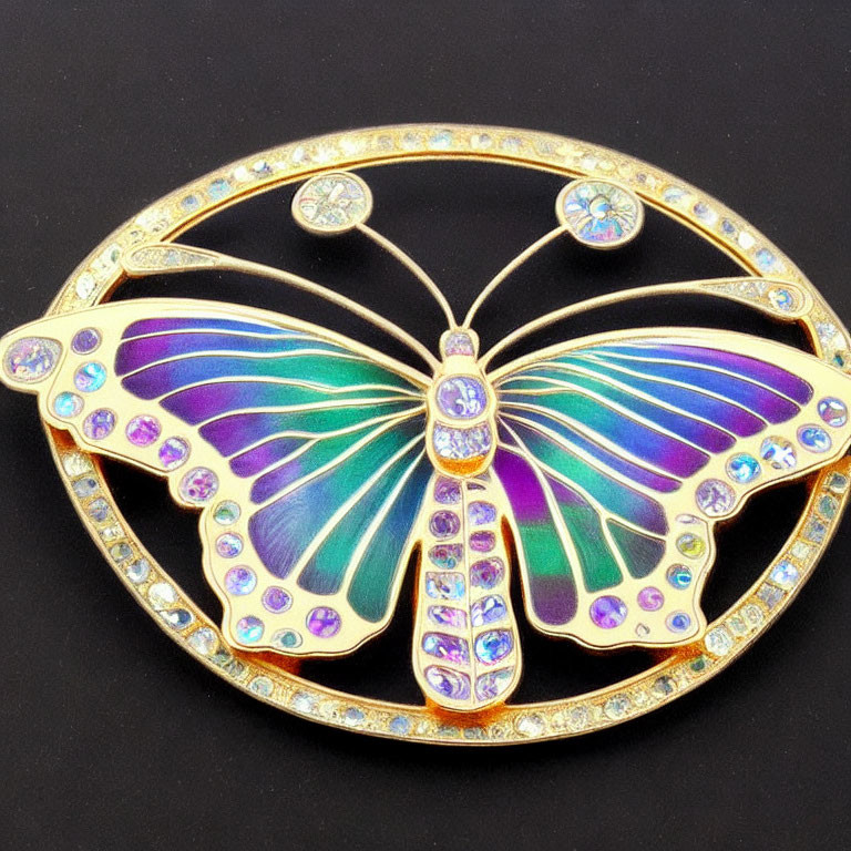 Colorful Butterfly Brooch with Gold Outline and Crystals on Black Background