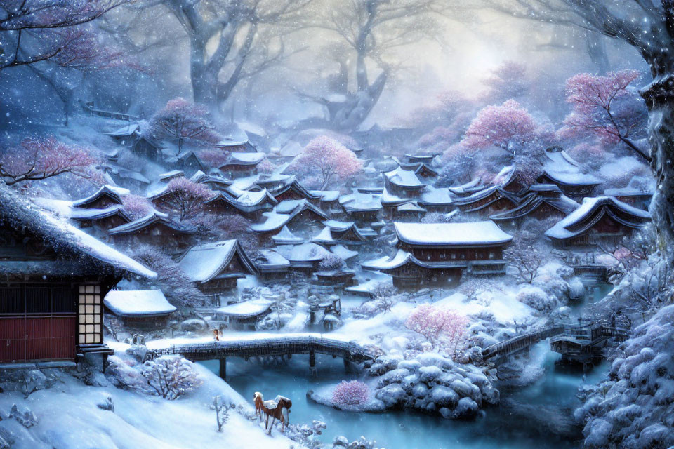 Snow-covered traditional houses, cherry blossoms, stream, bridge, and soft glowing light in winter scene