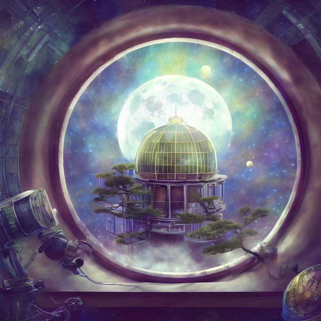 Fantastical observatory with domed roof, trees, telescope, globe, and circular window.