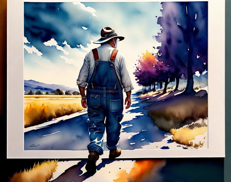 Person in hat and overalls strolls on colorful country road with trees and fields.