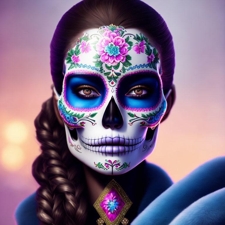 Woman with Day of the Dead makeup and braided hairstyle on purple background