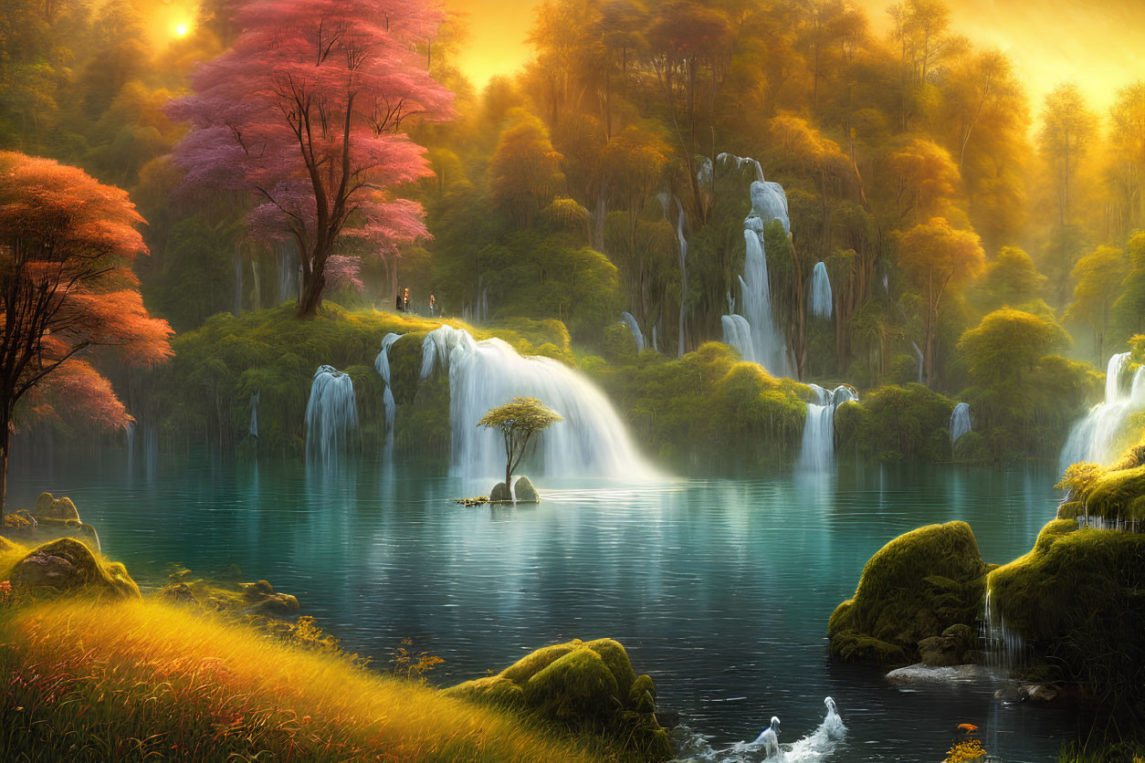 Tranquil landscape with waterfalls, blue waters, greenery, and autumn trees