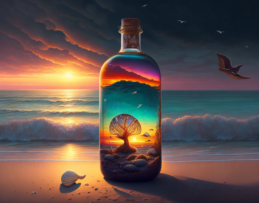 Miniature landscape inside bottle on beach with tree, vibrant sunset, seagulls, and crashing waves