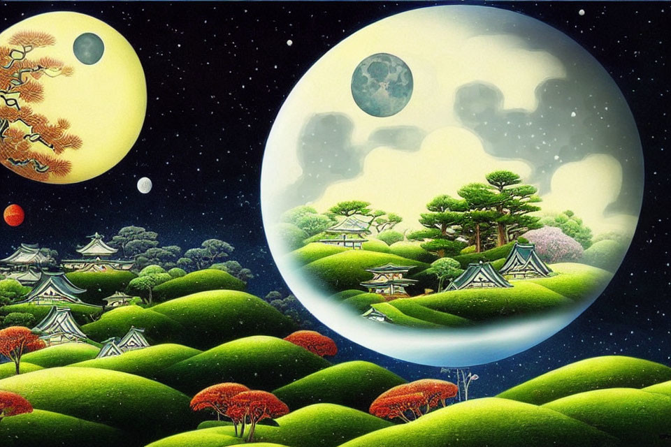 Surrealist landscape with green hills, buildings, trees, moon, and inverted scene