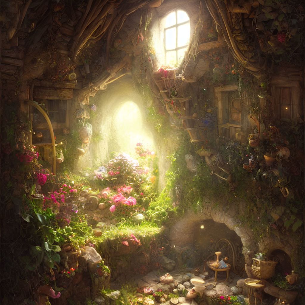 Enchanting cottage interior with plants, sunlight, and magical details