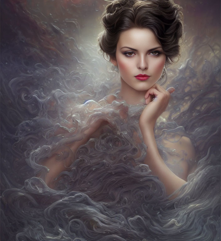 Mysterious woman with elegant hair and makeup in swirling mist