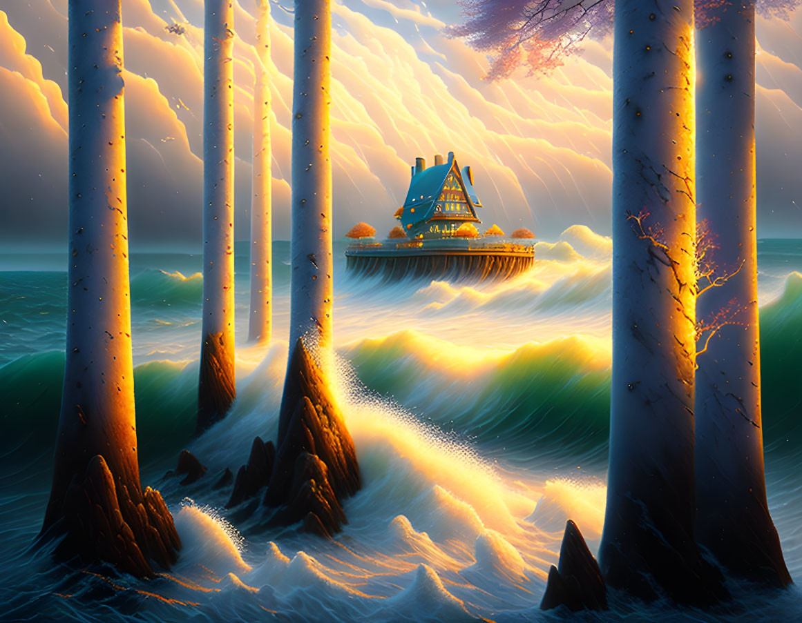 Surreal forest with golden sunlight, ocean waves, ship, dramatic sky