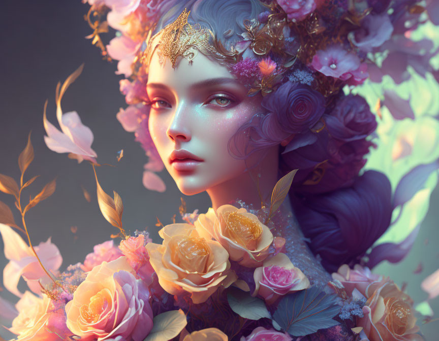 Fantasy Woman Portrait with Floral Elements and Pastel Colors