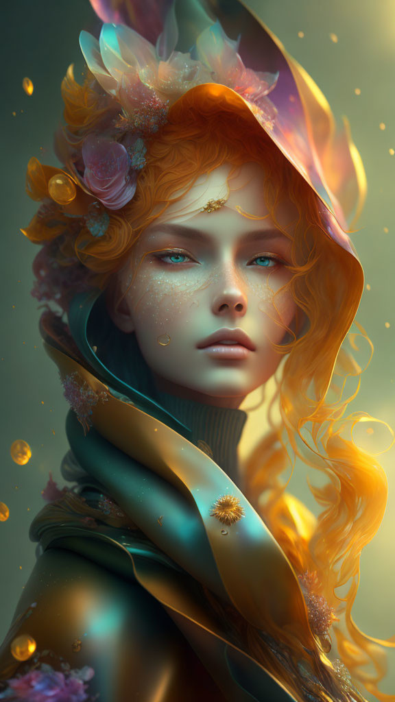 Fantasy portrait: Woman with red hair, green eyes, flowers, and golden glimmers