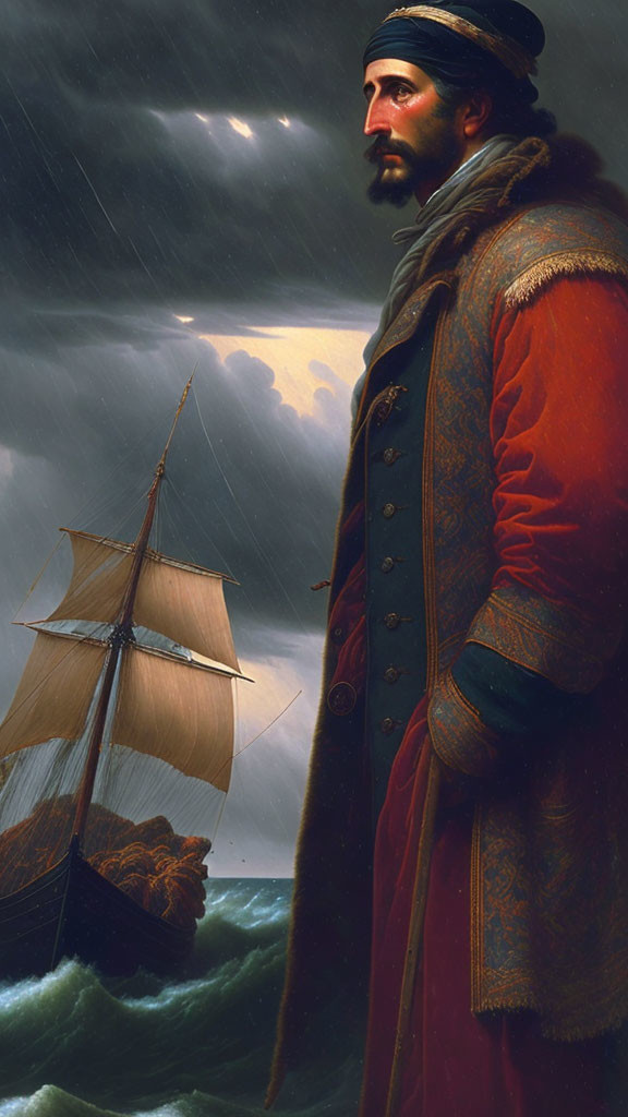 Bearded man in fur coat gazes at stormy sea with sailboat