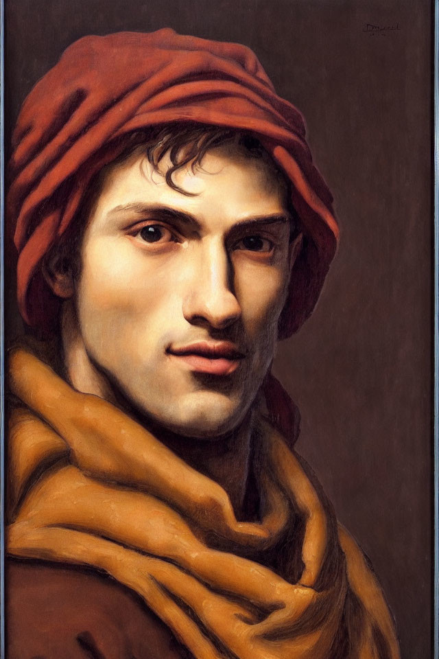 Renaissance-style painting of young man in red cap and golden scarf