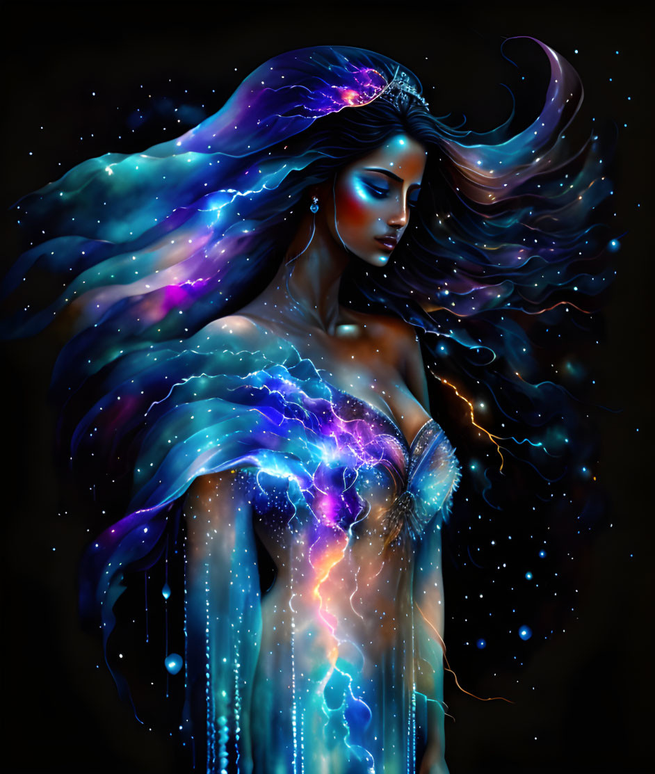 Fantastical female figure with starry night sky attire and luminous accents