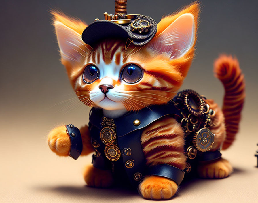 Orange Tabby Kitten in Steampunk Outfit with Blue Eyes