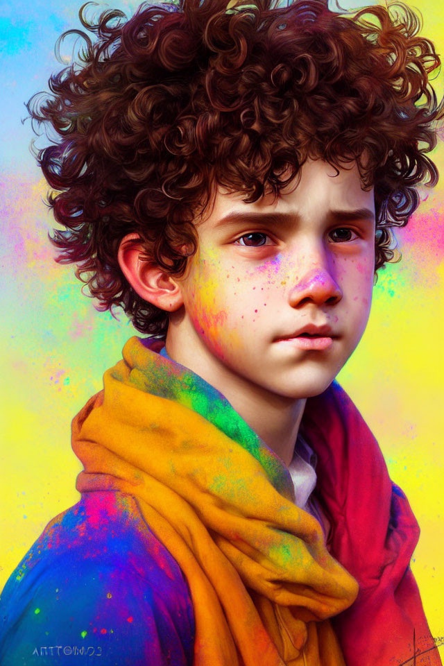 Colorful paint-splattered portrait with curly hair and scarf