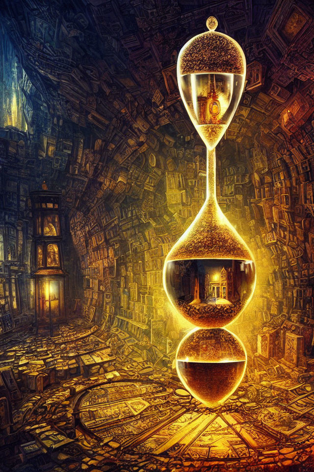 Intricately Designed Hourglass in Surreal Book-Filled Chamber