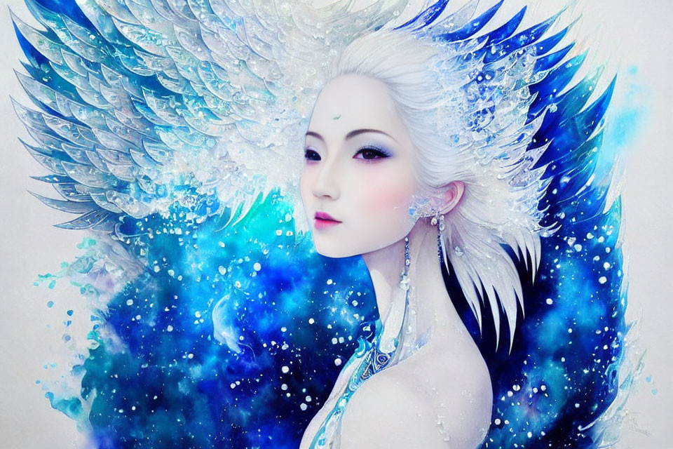 Ethereal woman with white feathered wings in celestial blue setting