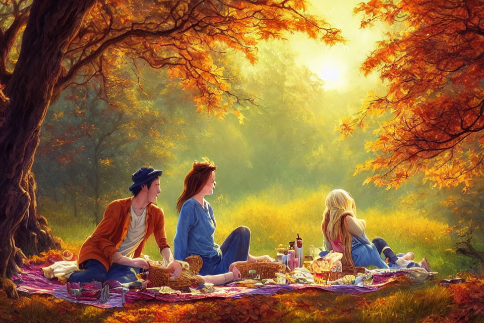 Three people having a picnic under autumn trees with golden leaves