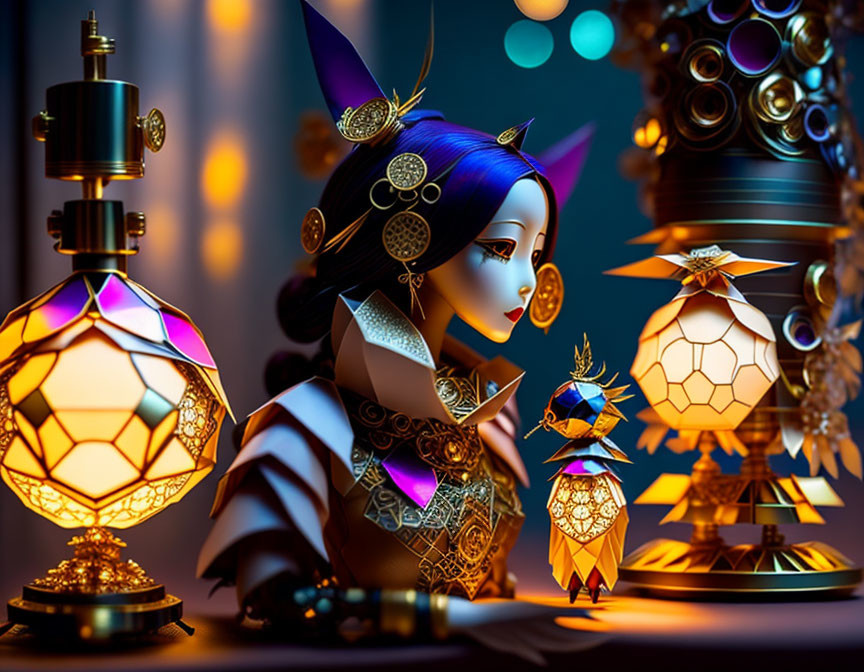 Colorful digital artwork of stylized female figure with purple skin and gold jewelry among glowing lanterns