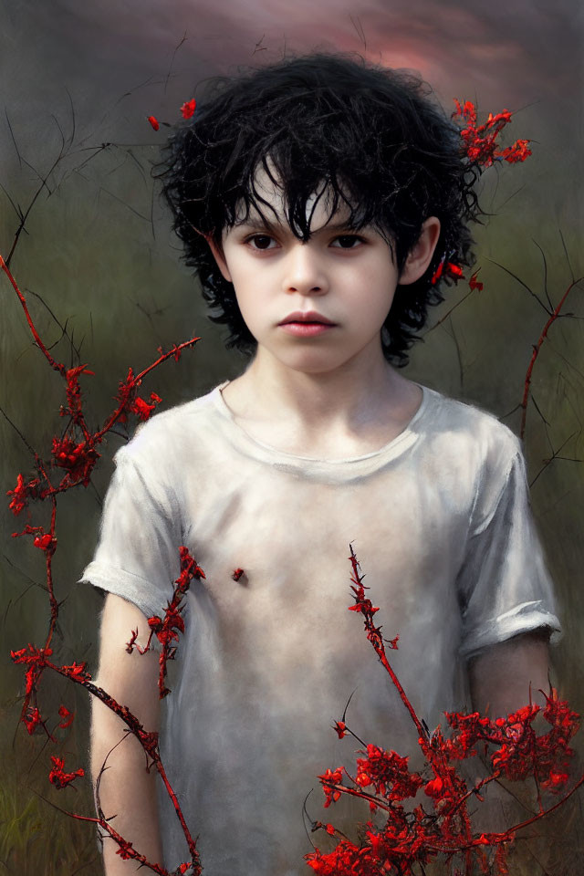 Child with black hair in white shirt among red flowers