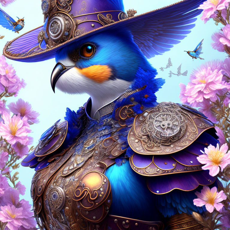 Colorful bird in ornate blue and gold military uniform on floral backdrop