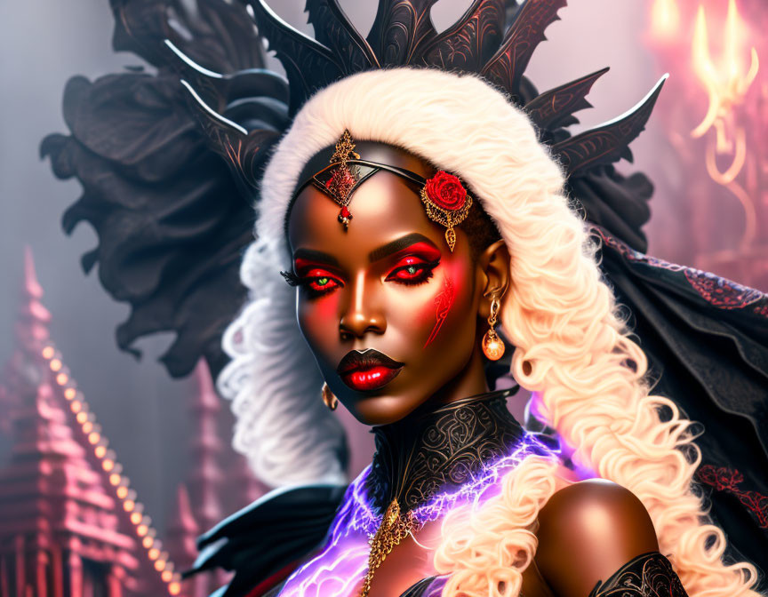 Illustrated portrait of regal fantasy character with dark skin, white hair, red and black makeup,