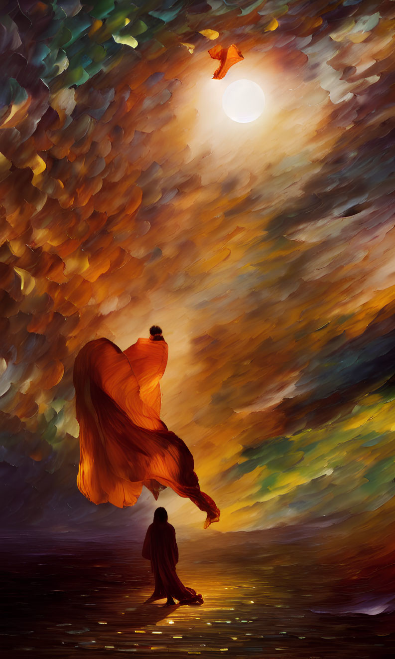 Person in flowing cloak under swirling sky with vivid colors reminiscent of Van Gogh.