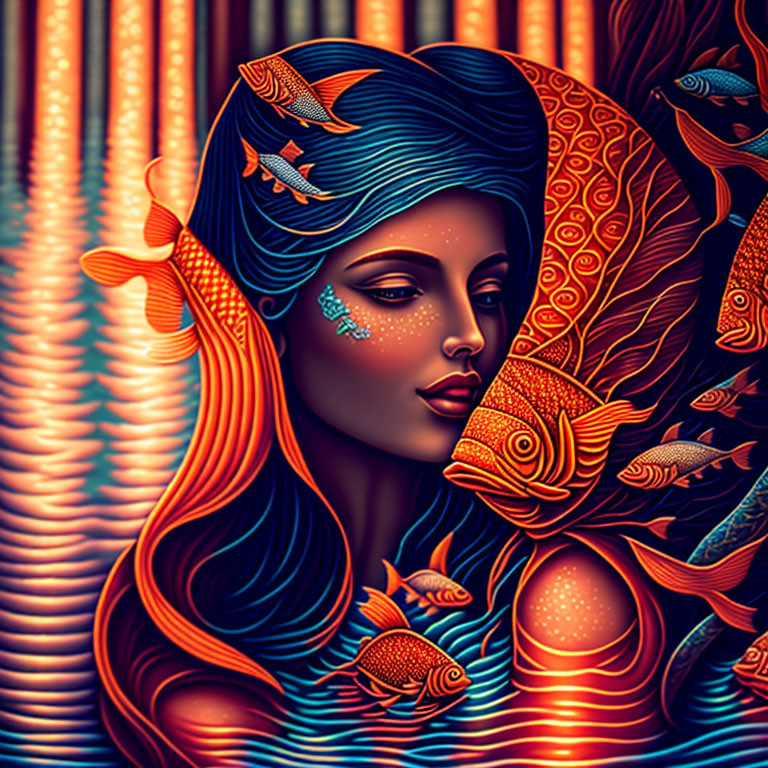 Colorful portrait of a woman with blue hair and orange fish in intricate patterns