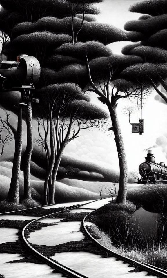 Monochromatic surreal landscape with train, cable car, and thick trees