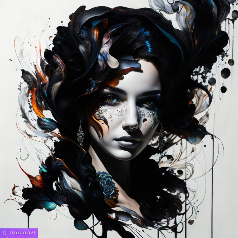 Colorful stylized portrait of a woman with flowing dark hair and intricate details