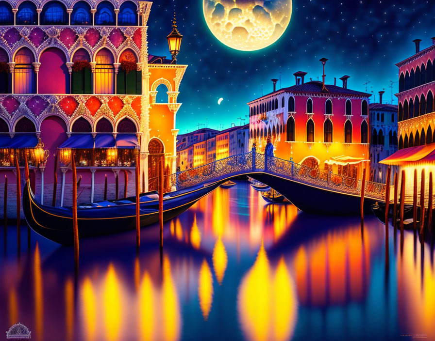 Digital Art: Venetian Canals Night Scene with Gondolas & Full Moon