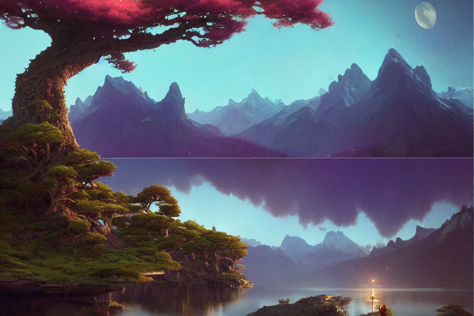 Tranquil landscape with blossoming tree, mountains, day to night transition, boat on lake