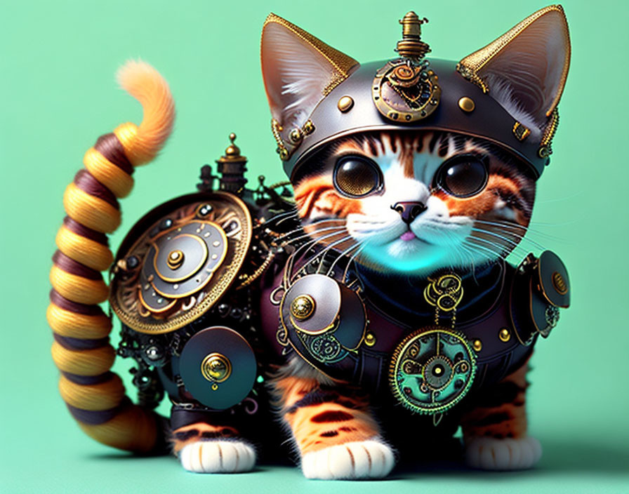 Steampunk-style cat illustration with mechanical suit and brass gears