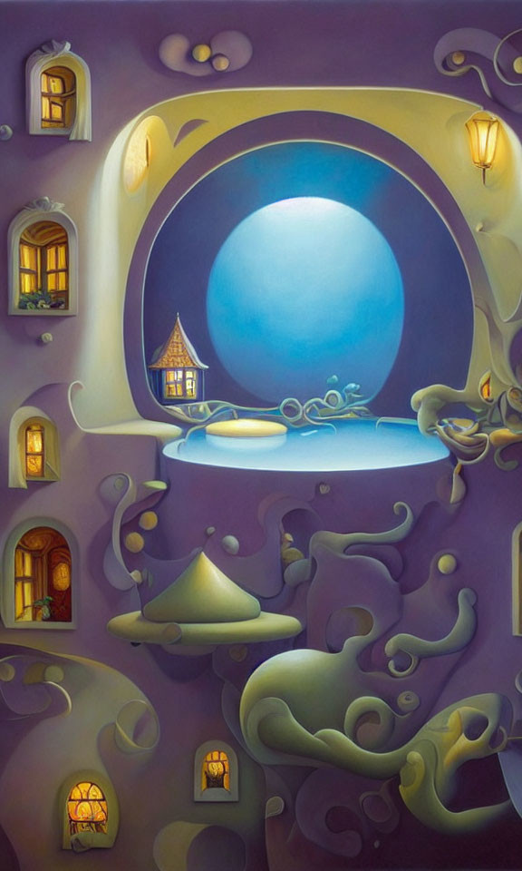 Surrealist moonlit village painting with distorted perspective