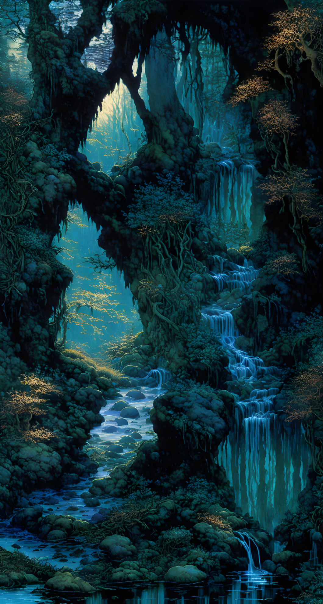 Enchanting forest with waterfalls, dense foliage, and blue light.