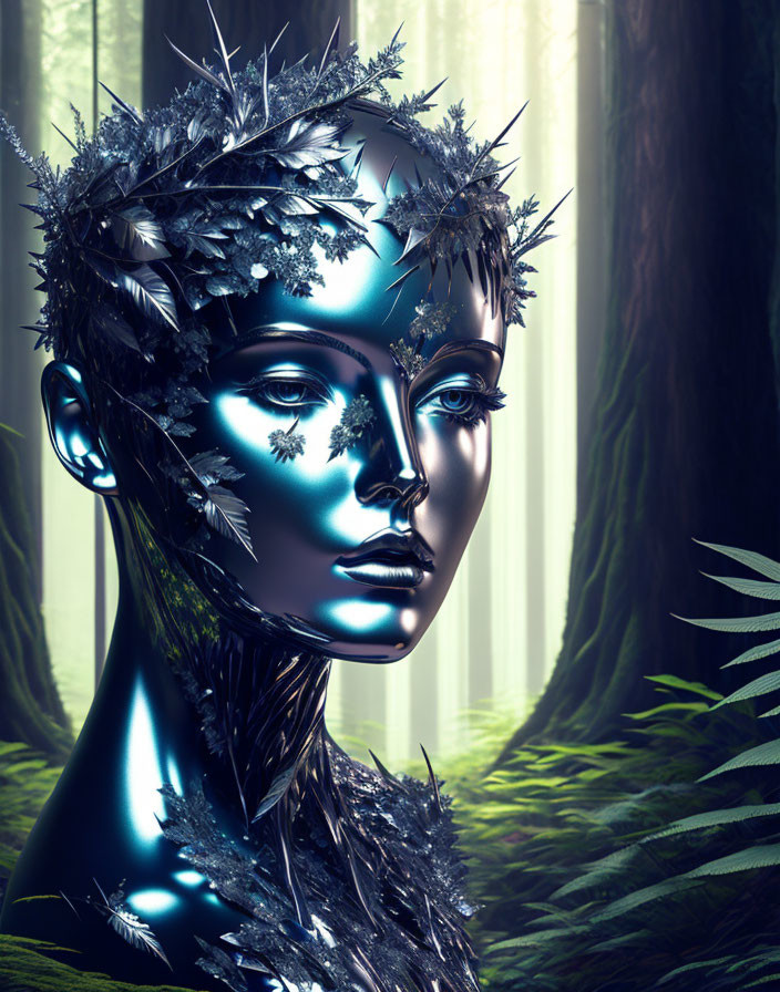 Metallic female figure with leaf crown in enchanted forest scenery