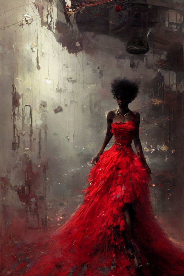 Woman in red gown stands in industrial setting with chains and single light