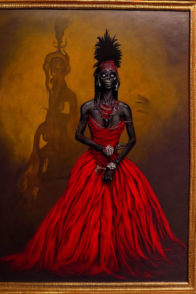 Portrait of a person in red dress with feathered headdress, dark makeup, and jewelry against golden