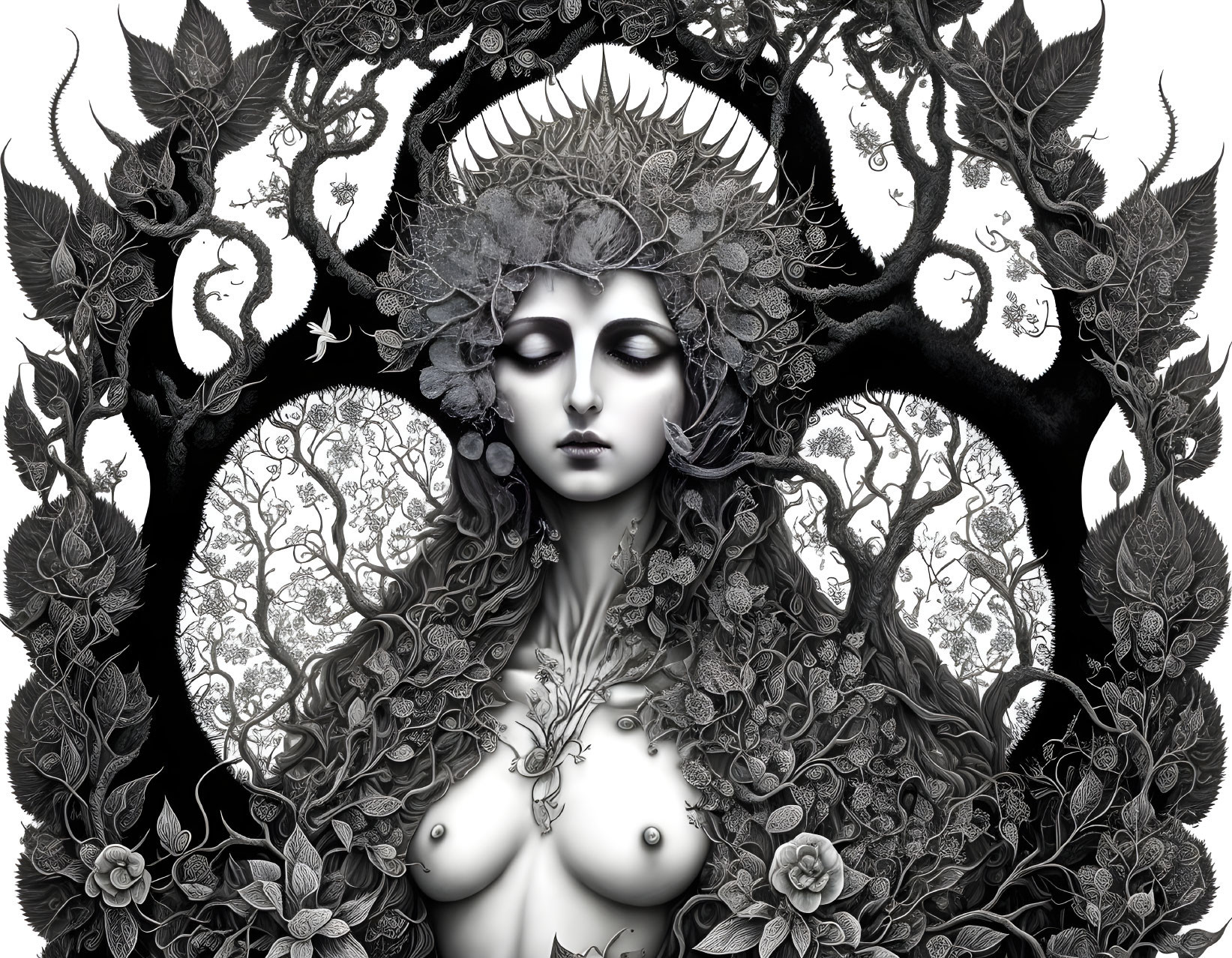 Monochromatic artwork of ethereal female figure with elaborate headdress surrounded by floral patterns